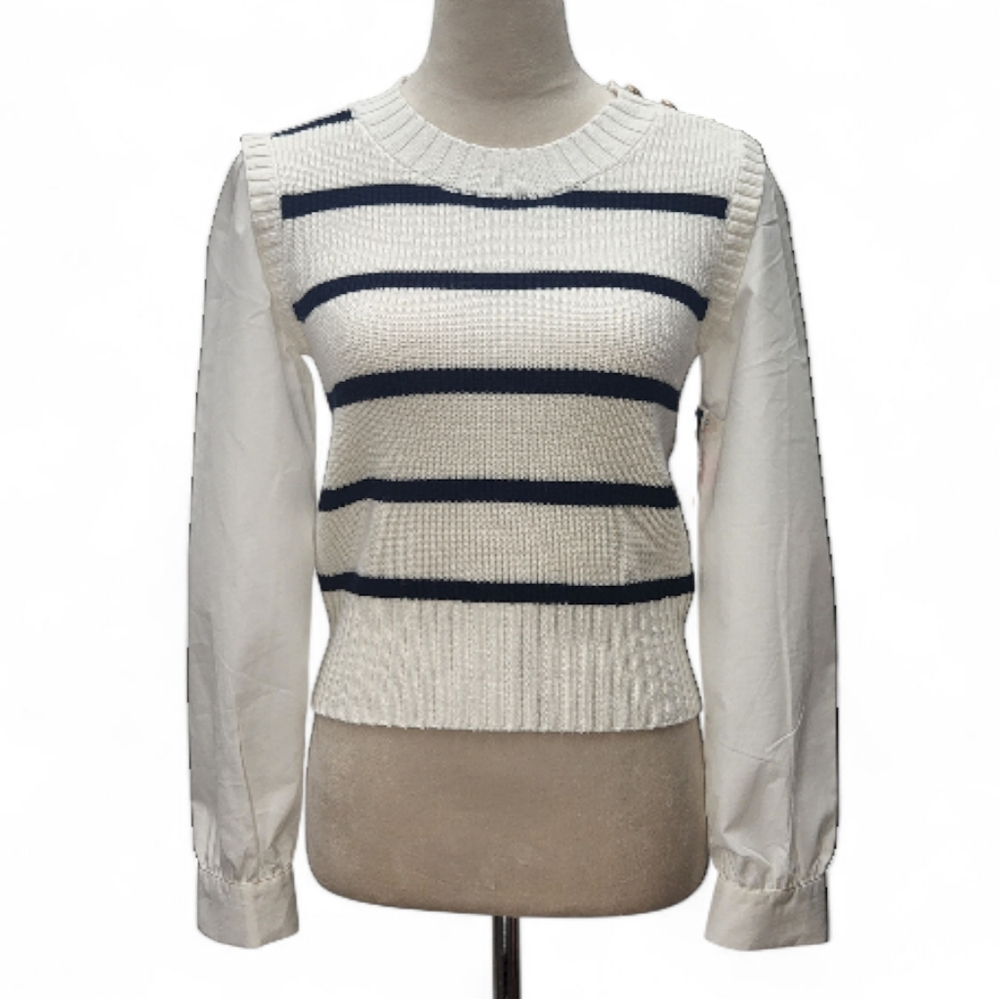 Nanette Lepore NWT Sweater Vest Blue Stripes Sz S Shirt Long Sleeves Gold Button